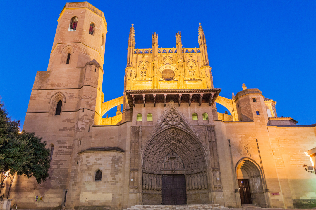 Evening view of the Holy Cathedral of the Transfiguration of the Lord in Huesca, Spain.
